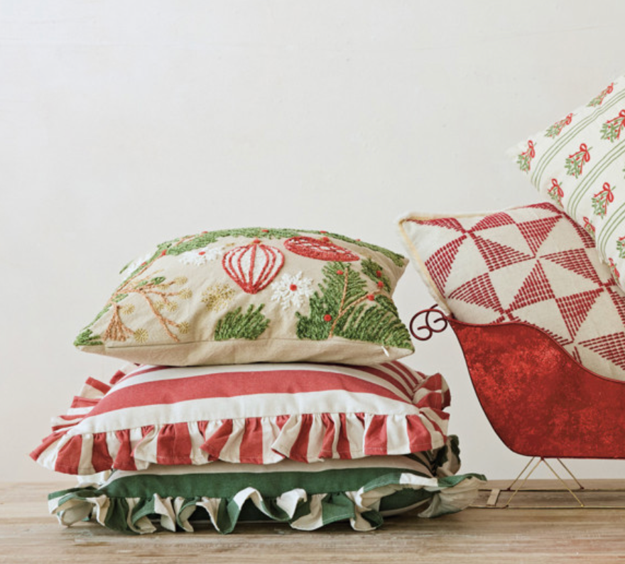 Embroidered Pine Boughs, Ornaments & Snowflakes Throw Pillow