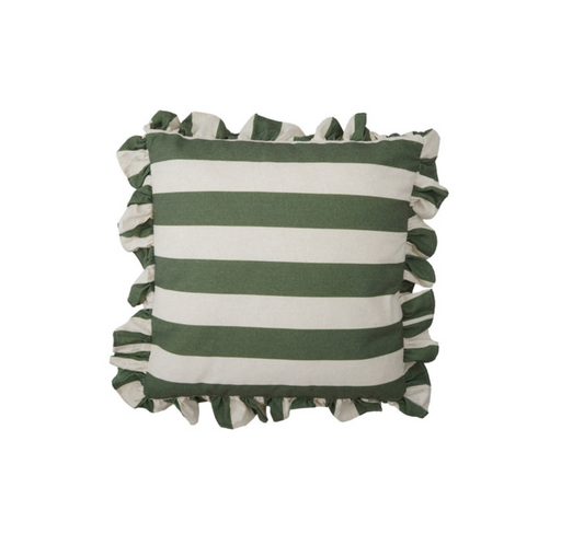 Green & Natural Striped Ruffle Throw Pillow