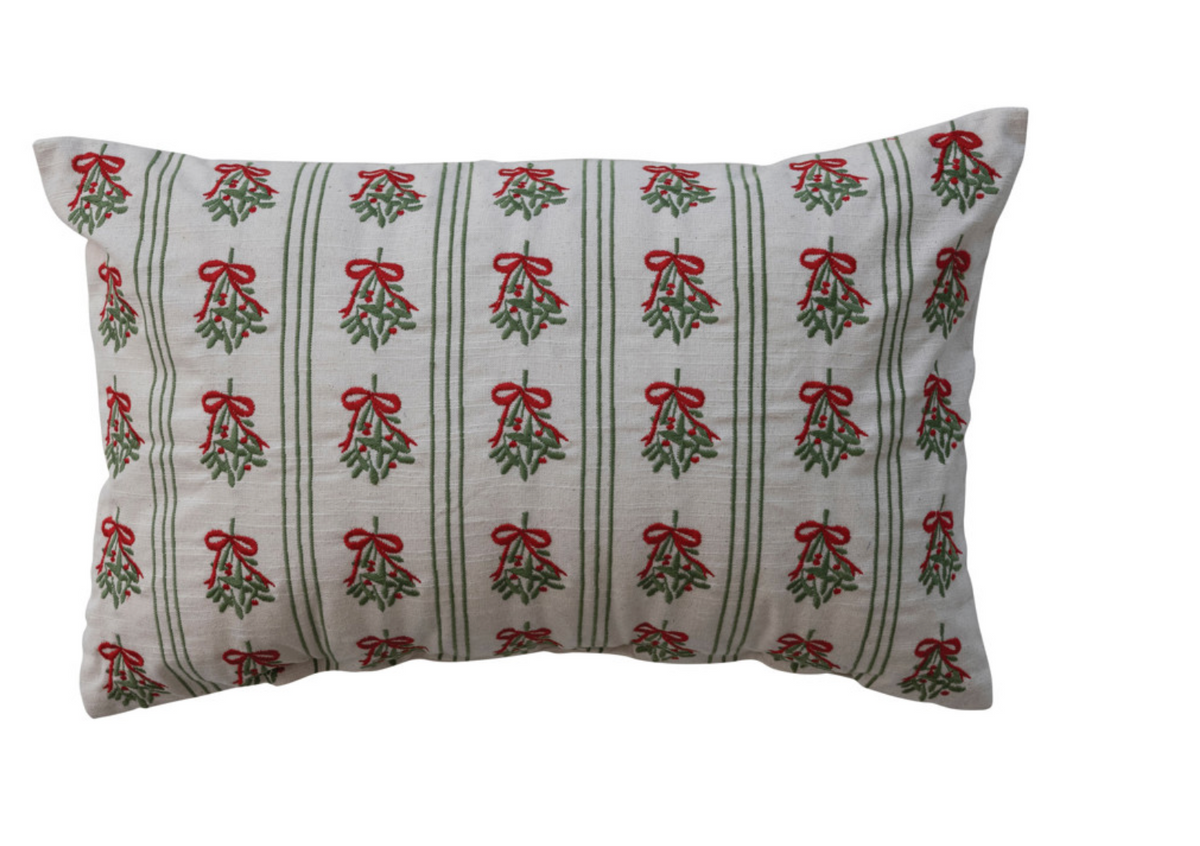 Mistletoe & Stripes Embroidered Lumbar Throw Pillow