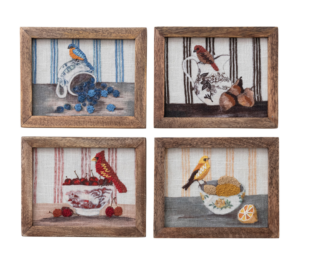 Wood Framed Cotton Embroidered Wall Decor with Bird on Dish, 4 Styles