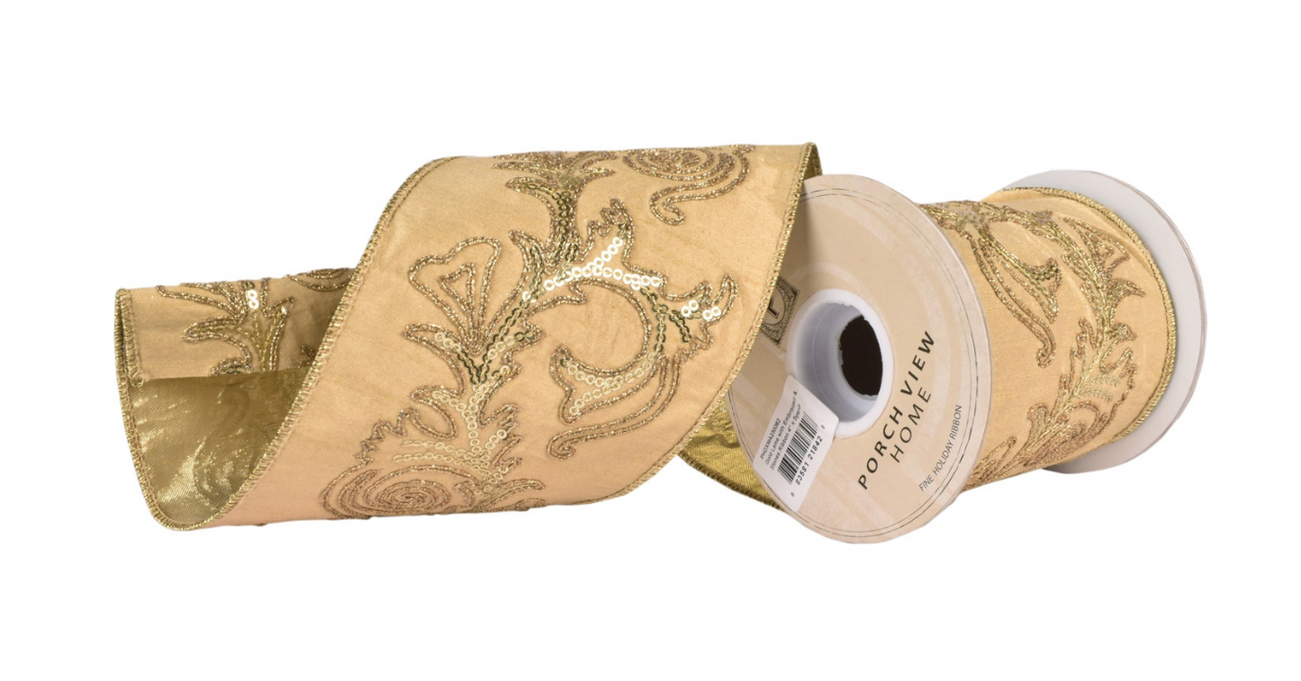 METALLIC GOLD EMBROIDERED DUPIONI RIBBON 4"