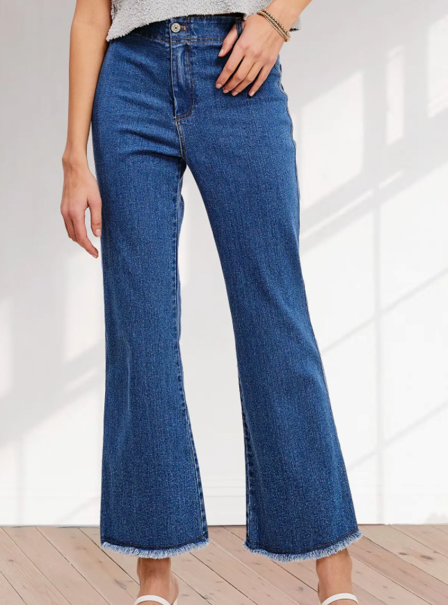 Dark Denim Soft Washed Stretchy High Waisted Flare Pants