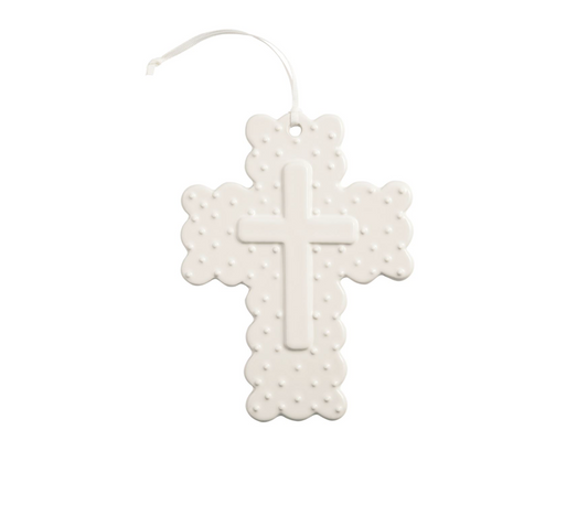WHITE GINGHAM CERAMIC CROSS