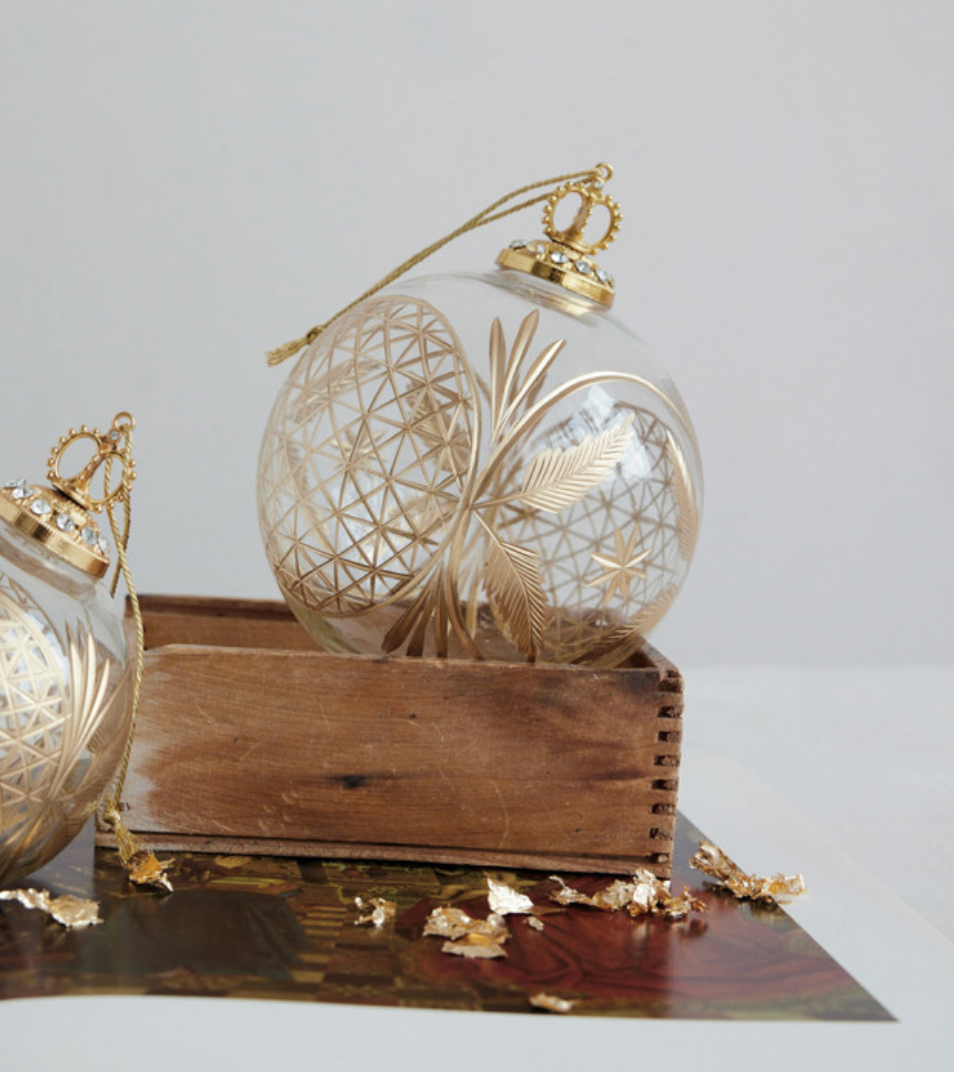 Hand-Blown Etched Glass Ball Ornament with Design, Gold Finish