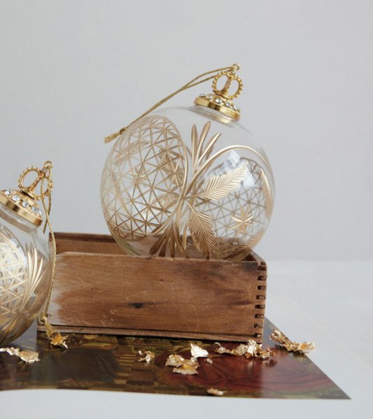Hand-Blown Etched Glass Ball Ornament with Design, Gold Finish