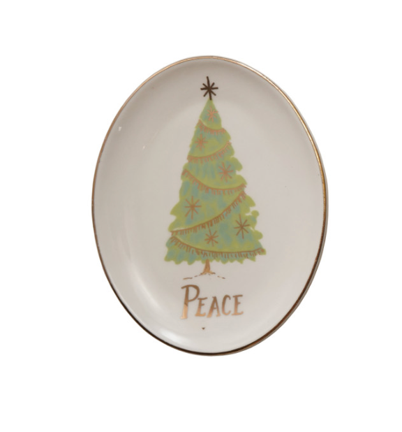Oval Stoneware Dish with Christmas Tree, Word, 4 Styles