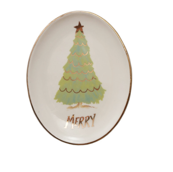 Oval Stoneware Dish with Christmas Tree, Word, 4 Styles