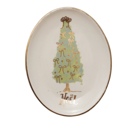 Oval Stoneware Dish with Christmas Tree, Word, 4 Styles