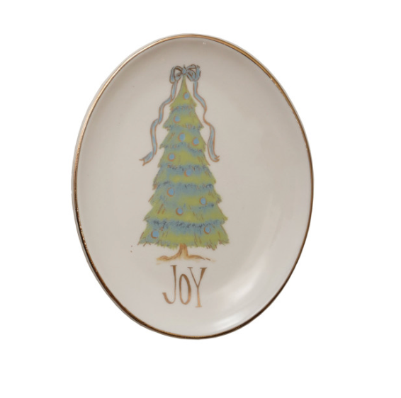 Oval Stoneware Dish with Christmas Tree, Word, 4 Styles