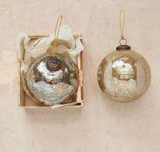 5" Etched Mercury Glass Ball Ornament with Design, 2 Styles