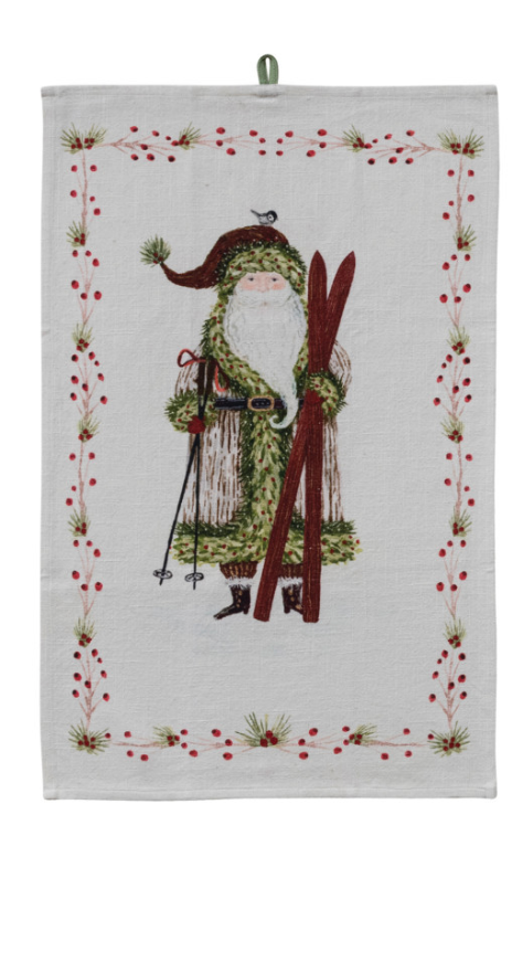 Printed Tea Towel with Santa & Berries Border, 3 Styles