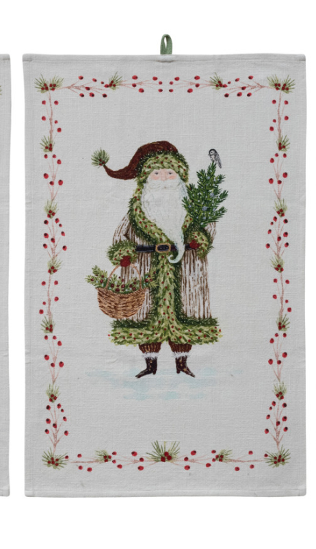 Printed Tea Towel with Santa & Berries Border, 3 Styles
