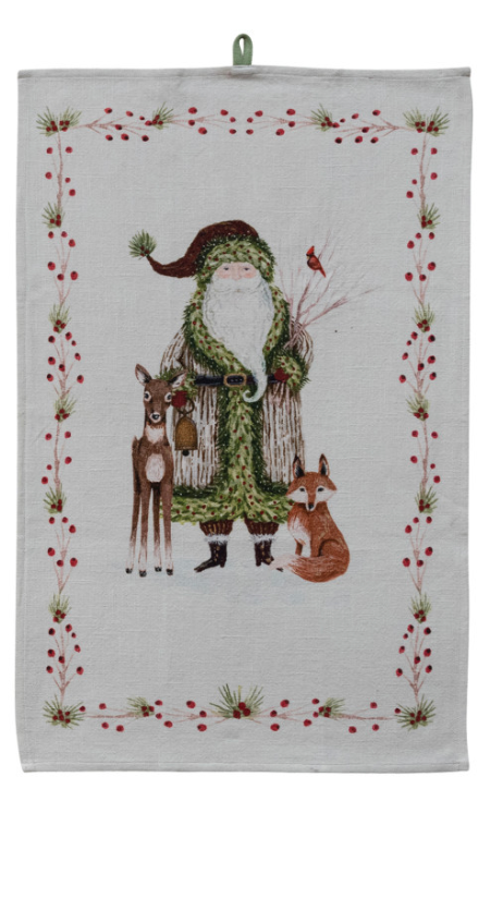 Printed Tea Towel with Santa & Berries Border, 3 Styles
