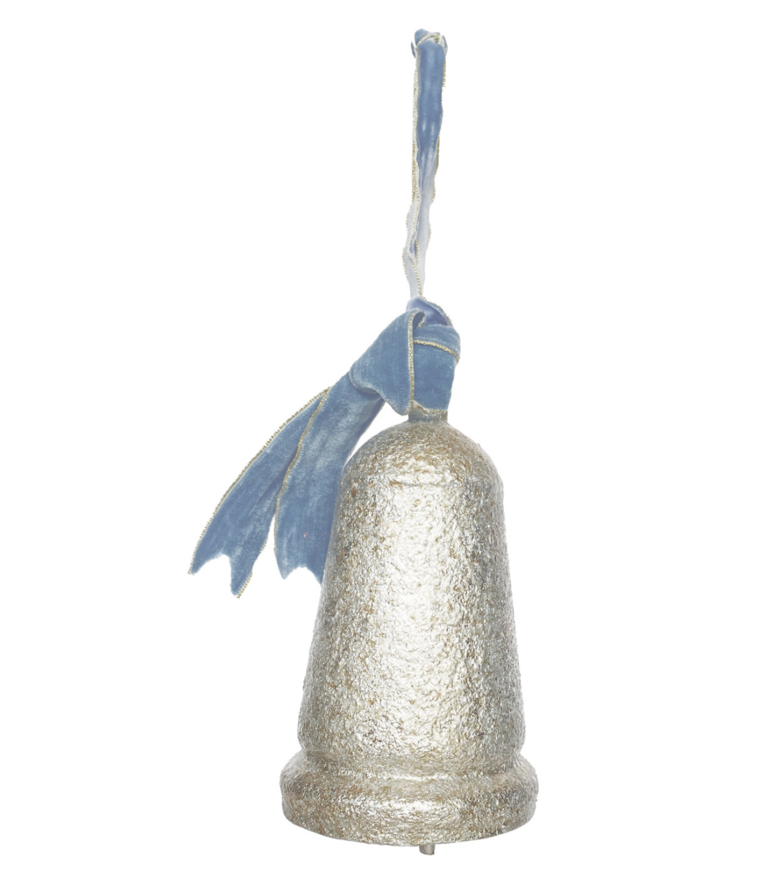 Metal & Wood Bell with Blue Velvet Ribbon, Antique Silver Finish