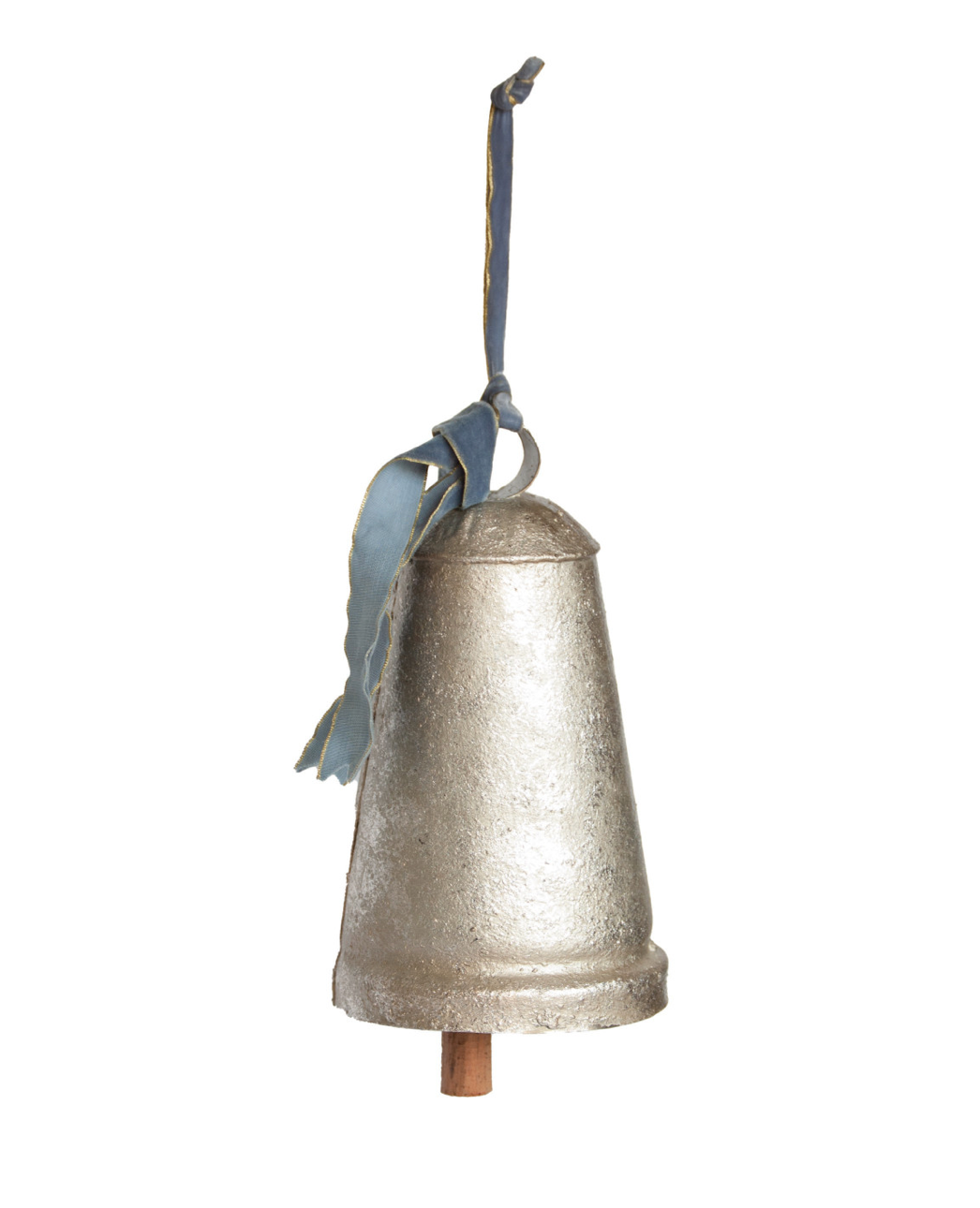 Metal & Wood Bell with Blue Velvet Ribbon, Antique Silver Finish
