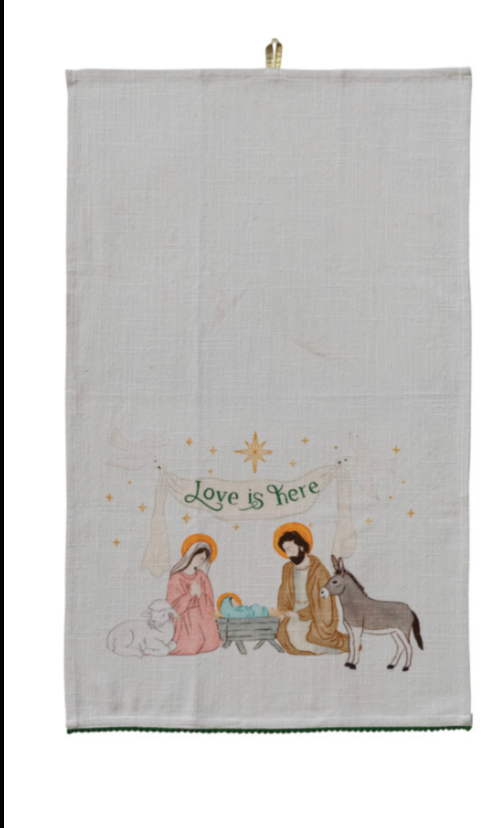 Tea Towel with Holiday Figure, Saying & Mini Pom Pom Trim, 3 Styles