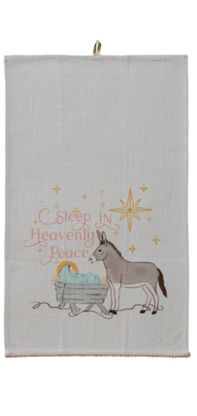 Tea Towel with Holiday Figure, Saying & Mini Pom Pom Trim, 3 Styles