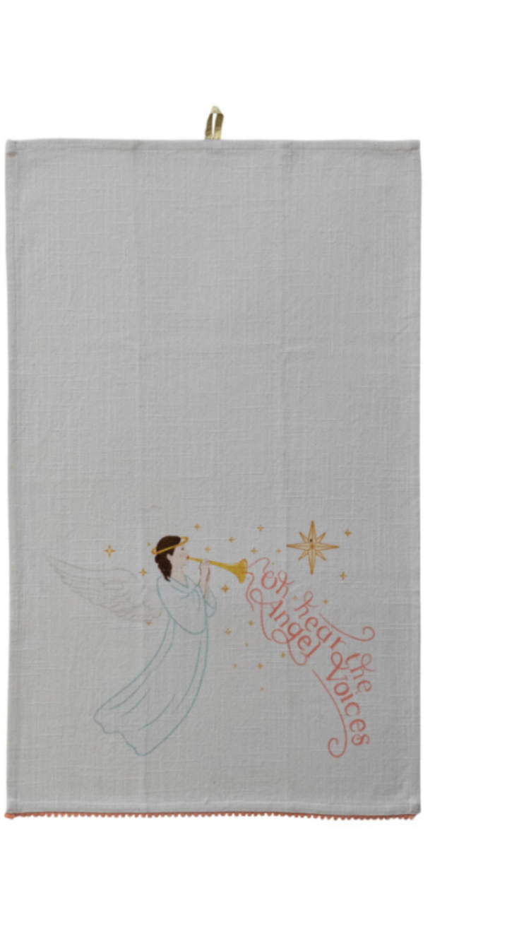 Tea Towel with Holiday Figure, Saying & Mini Pom Pom Trim, 3 Styles