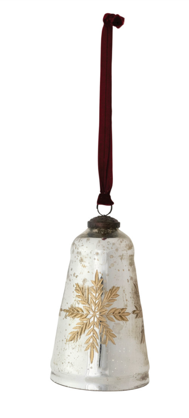 Etched Mercury Glass Bell Shaped Ornament with Burgundy Velvet Ribbon Hanger, 3 Styles