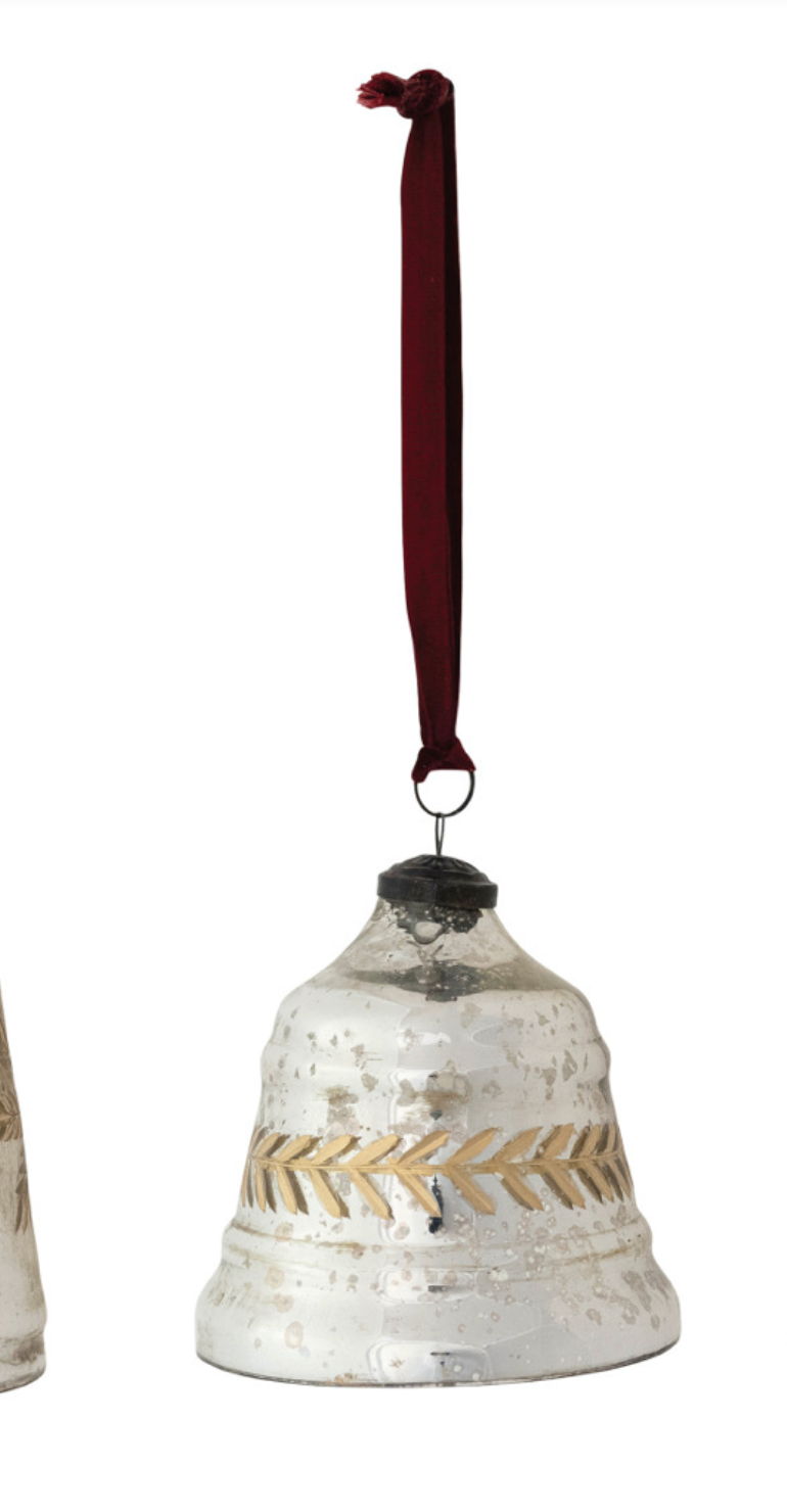 Etched Mercury Glass Bell Shaped Ornament with Burgundy Velvet Ribbon Hanger, 3 Styles