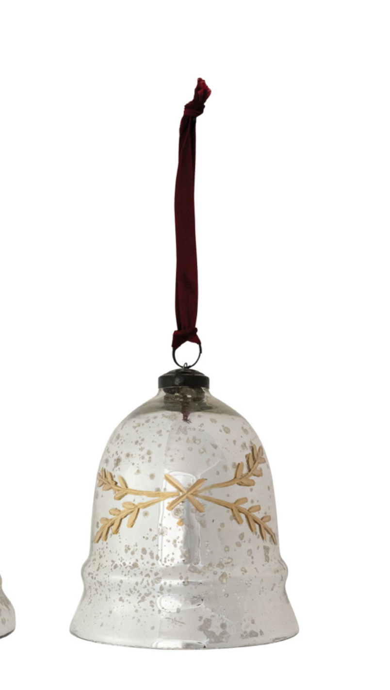 Etched Mercury Glass Bell Shaped Ornament with Burgundy Velvet Ribbon Hanger, 3 Styles