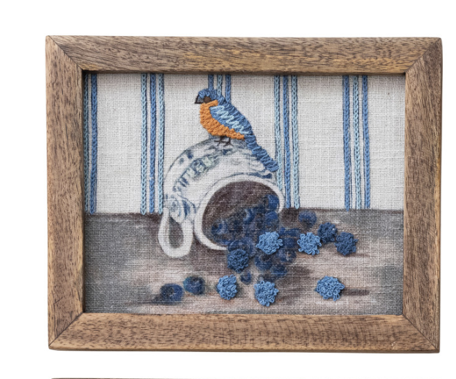 Wood Framed Cotton Embroidered Wall Decor with Bird on Dish, 4 Styles