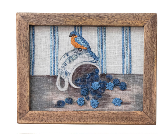 Wood Framed Cotton Embroidered Wall Decor with Bird on Dish, 4 Styles