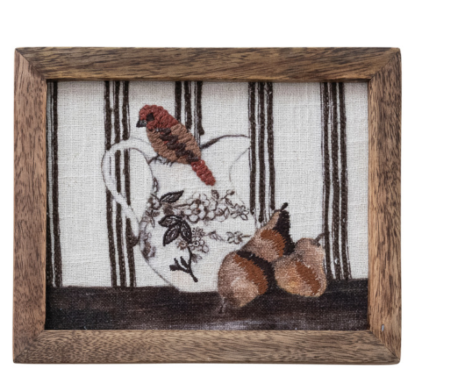 Wood Framed Cotton Embroidered Wall Decor with Bird on Dish, 4 Styles