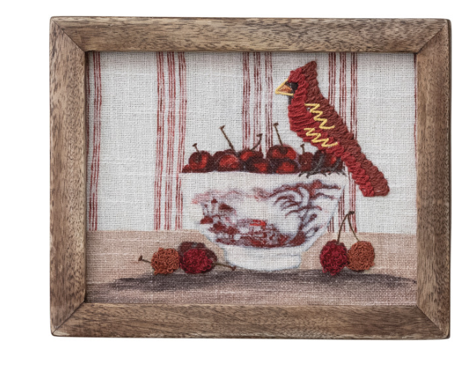 Wood Framed Cotton Embroidered Wall Decor with Bird on Dish, 4 Styles