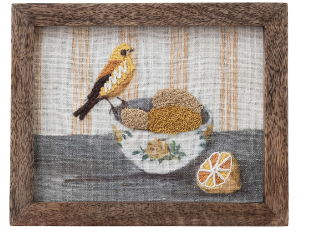 Wood Framed Cotton Embroidered Wall Decor with Bird on Dish, 4 Styles