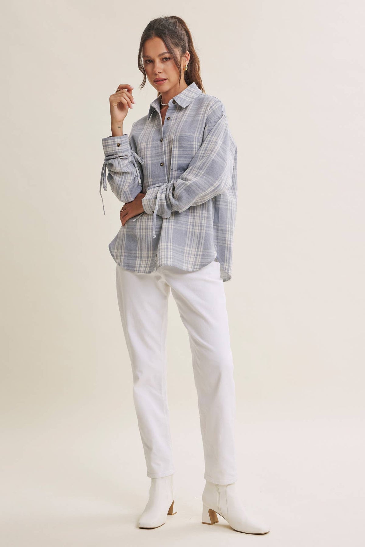 The Merritt Ruched Sleeve Plaid Shirt