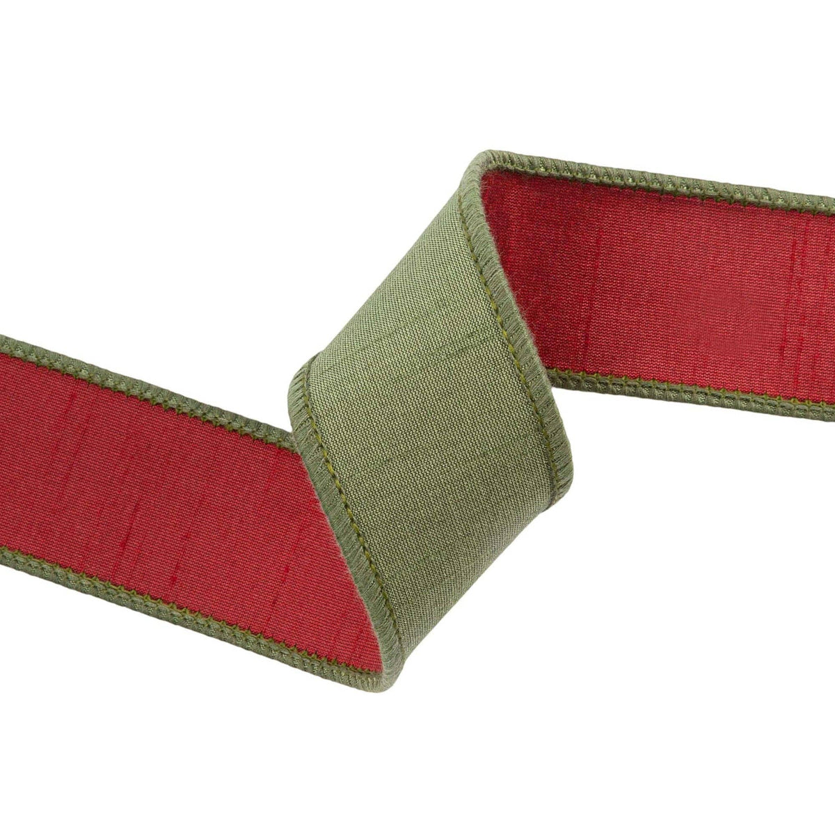 1 1/2" Wired Double-fused Dupioni Ribbon | Red/Moss Green | 10 Yard Roll