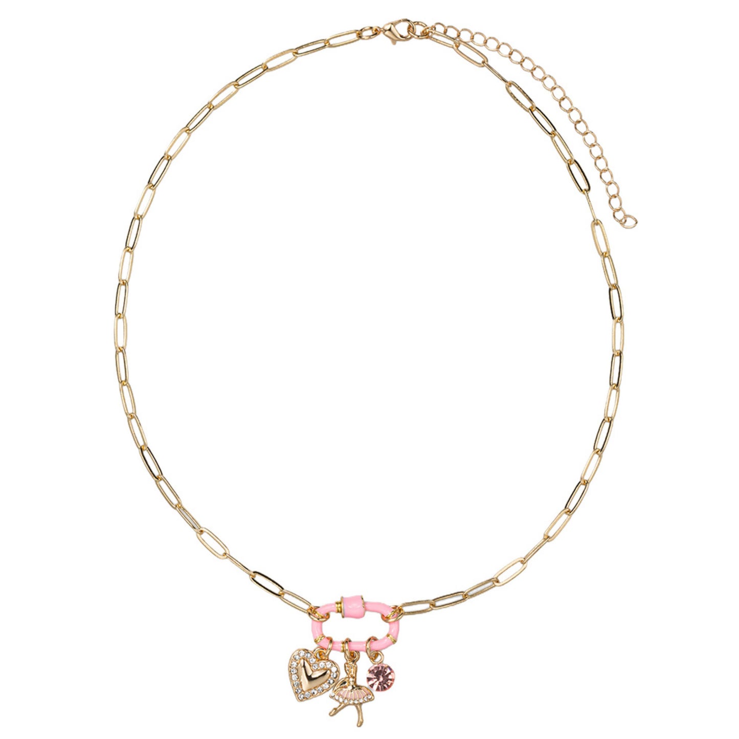 Kids Paperclip Chain Necklace Pink Carabiner with Ballerina