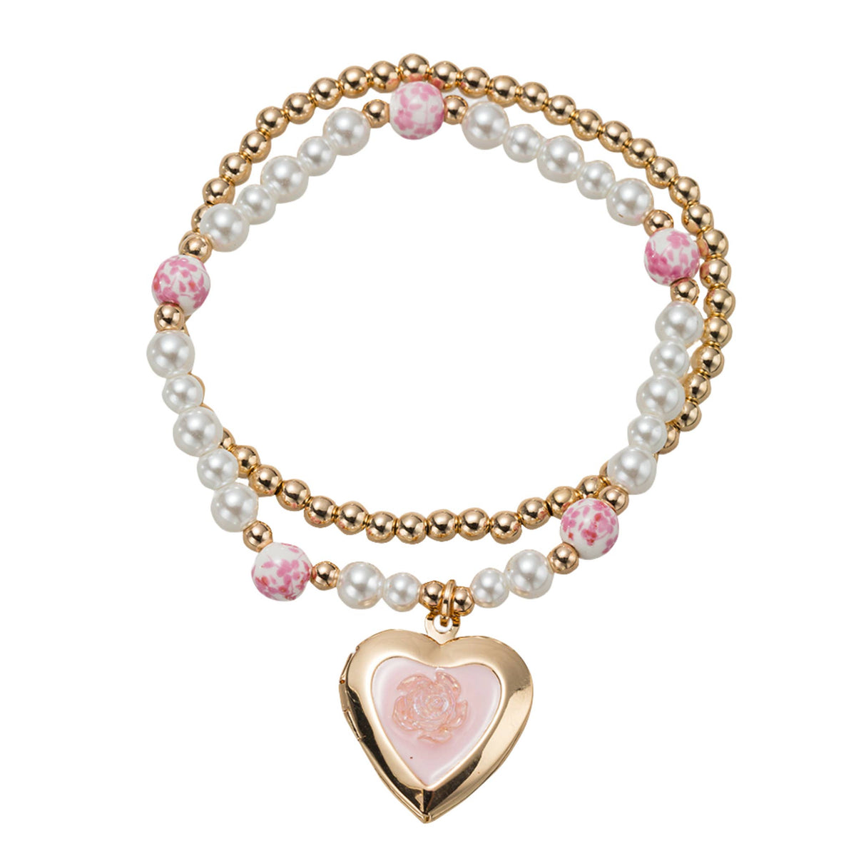 Kids Pearl, Set of 2 Stretch Bracelet with Pink Locket