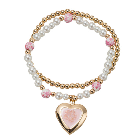 Kids Pearl, Set of 2 Stretch Bracelet with Pink Locket