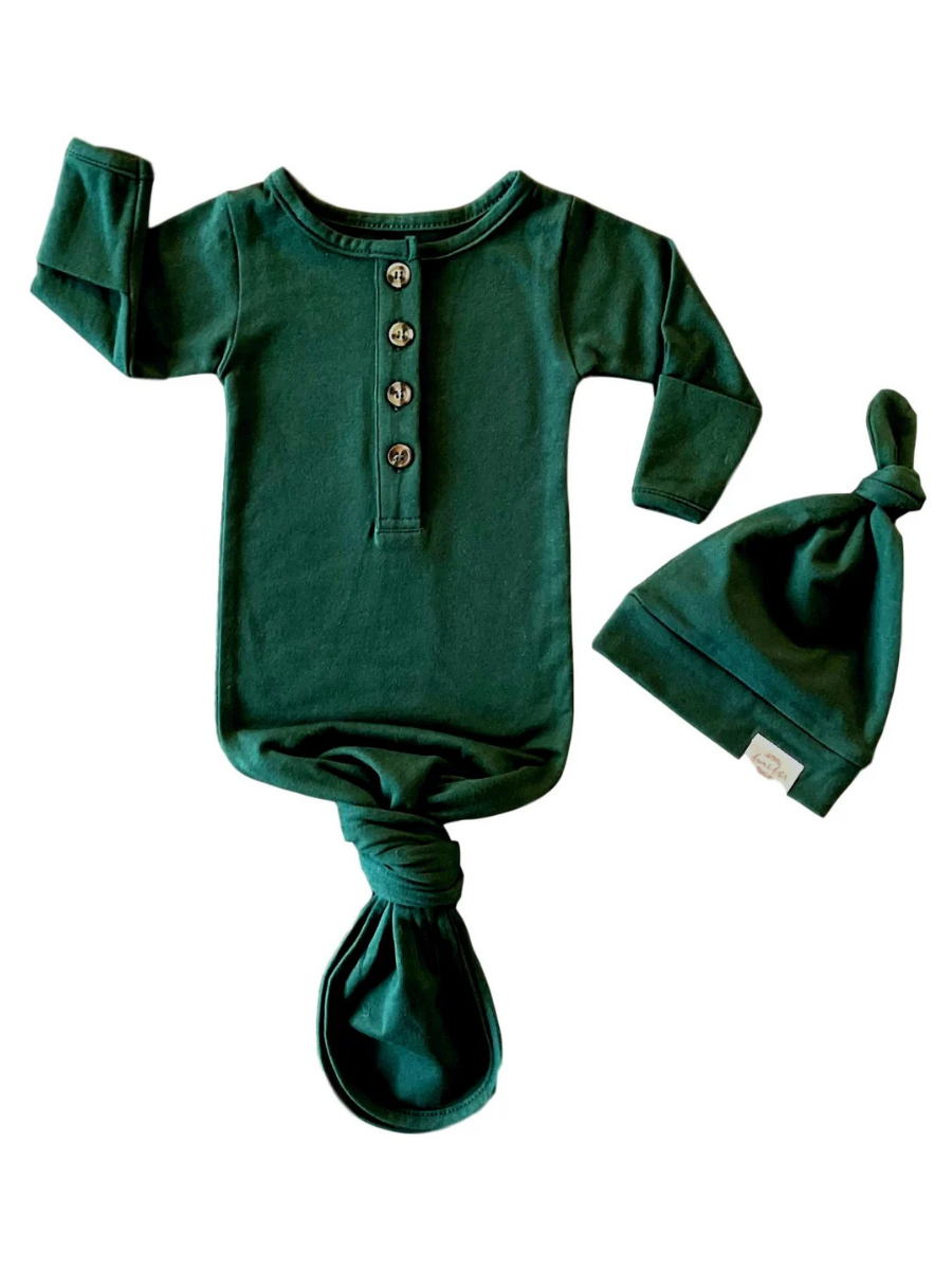 Baby Organic Knotted Gown + Top Knot Hat | Forest Green