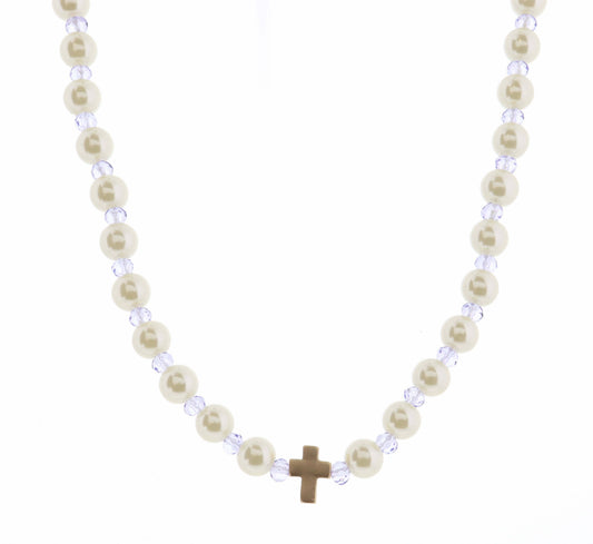 Kids 14" Pearl & Lavender Faceted with Cross Necklace