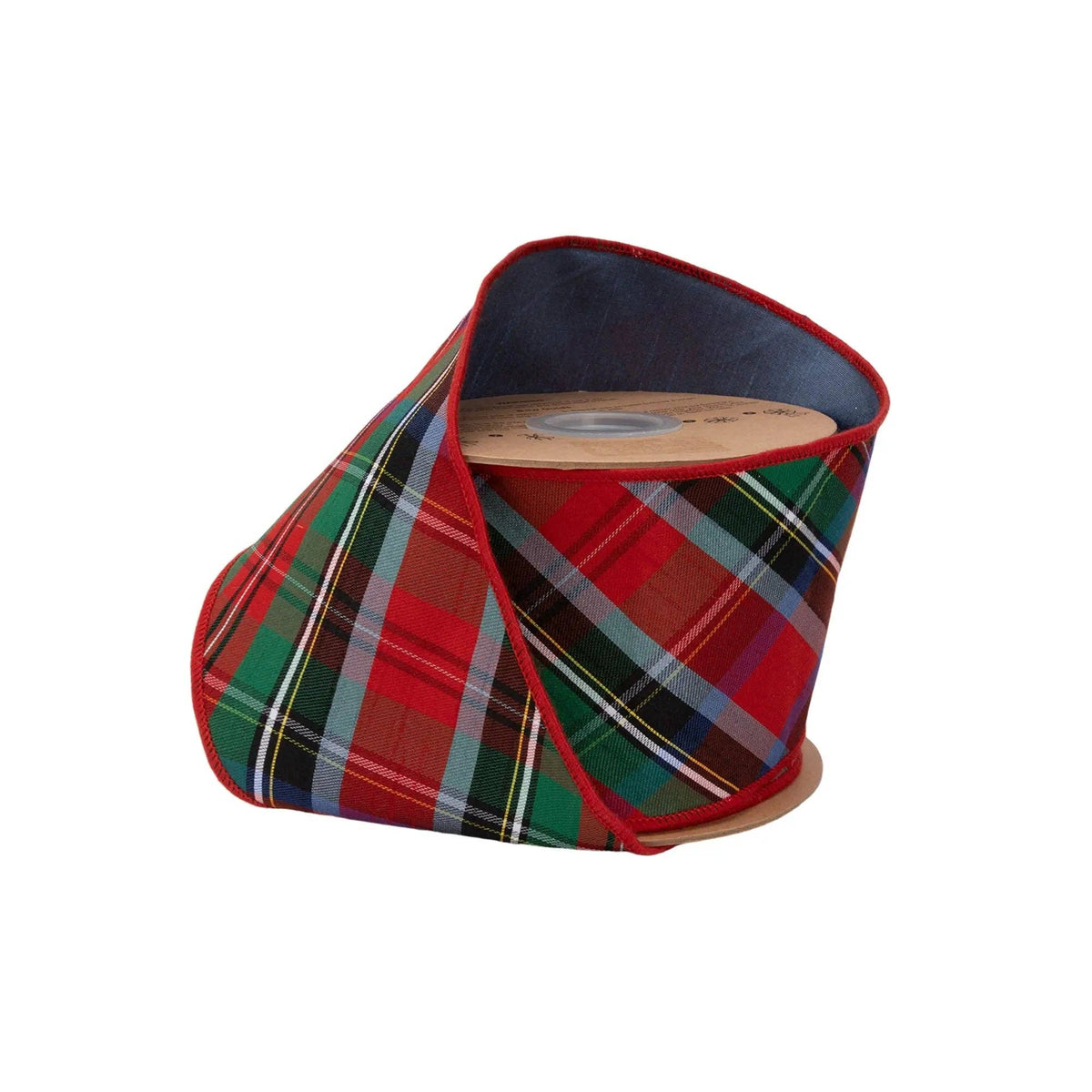 4" Wired Dupioni Ribbon | Plaid Red/Green/Blue w/ Blue Backing | 10 Yard Roll
