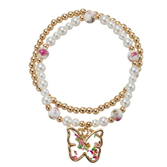 Kids Pink Floral Bead, Set of 2 Bracelet with Butterfly