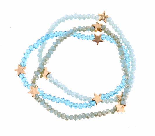 Kids Set of 3, Stretch Blue Beaded with Stars Bracelet