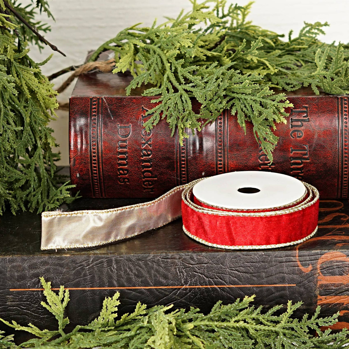 Red Velvet Wired Christmas Ribbon with Gold Backing – 1" x 10 Yards