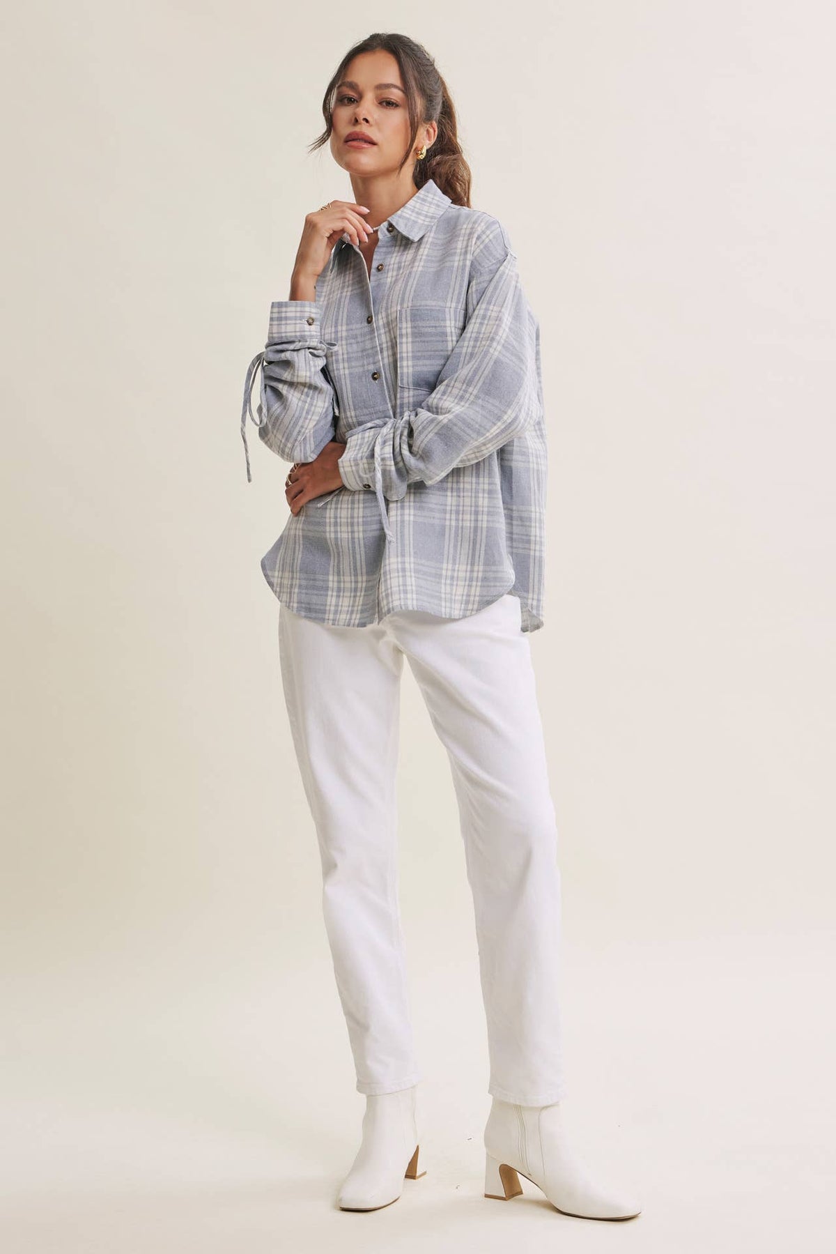 The Merritt Ruched Sleeve Plaid Shirt