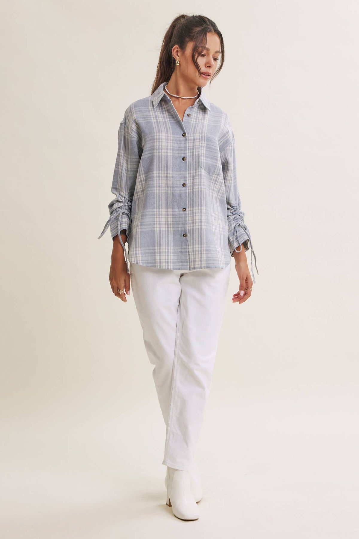 The Merritt Ruched Sleeve Plaid Shirt