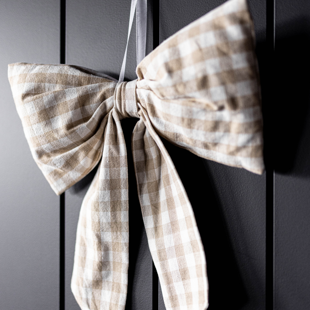 Bows Beige & White Gingham Fabric-Large