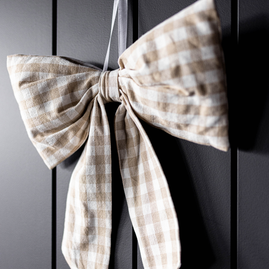 Bows Beige & White Gingham Fabric-Large