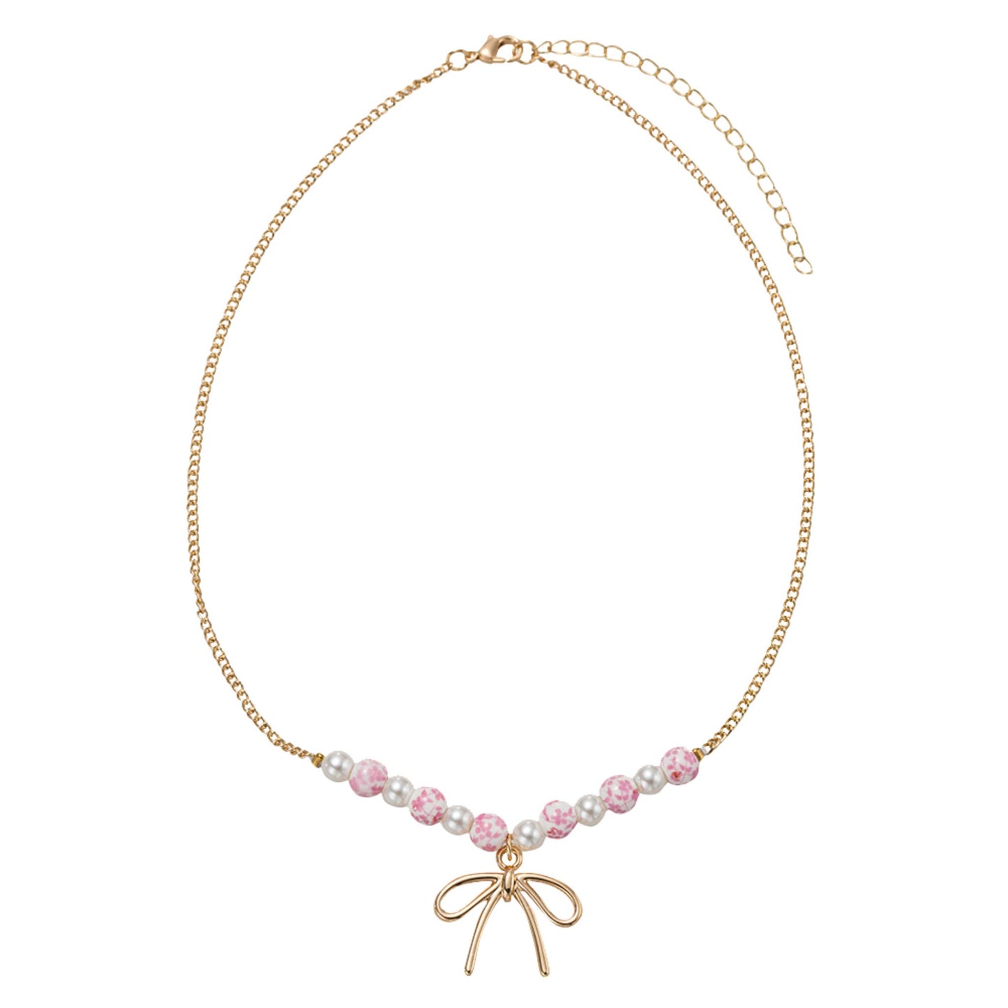 Kids Pearl, Pink Floral Bead Necklace with Gold Bow