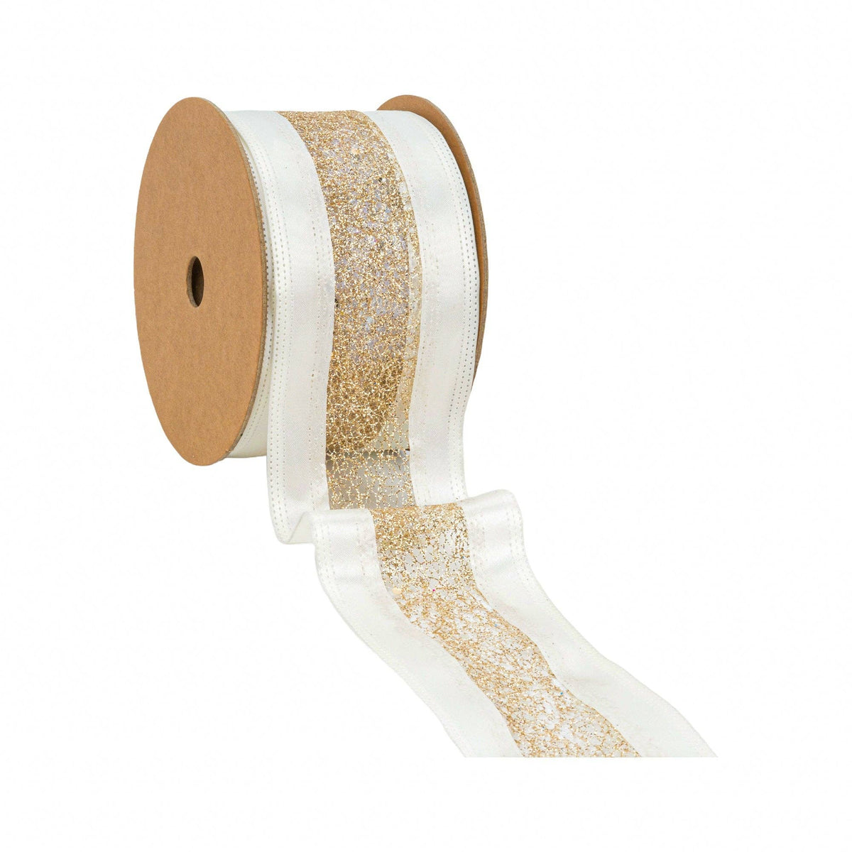 2 1/2" Wired Ribbon | Gold Mesh with White Satin Edge | 10 Yard Roll