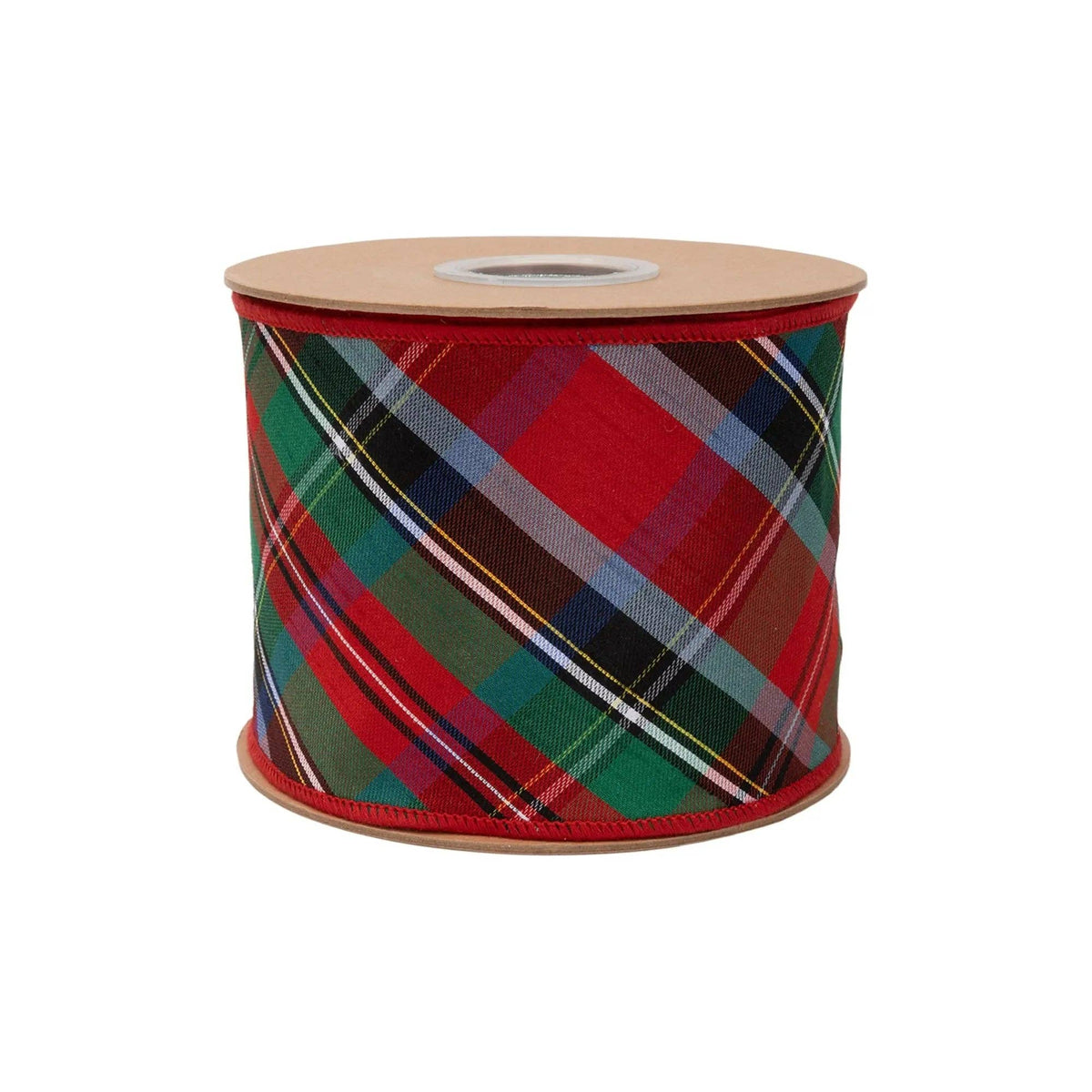 4" Wired Dupioni Ribbon | Plaid Red/Green/Blue w/ Blue Backing | 10 Yard Roll