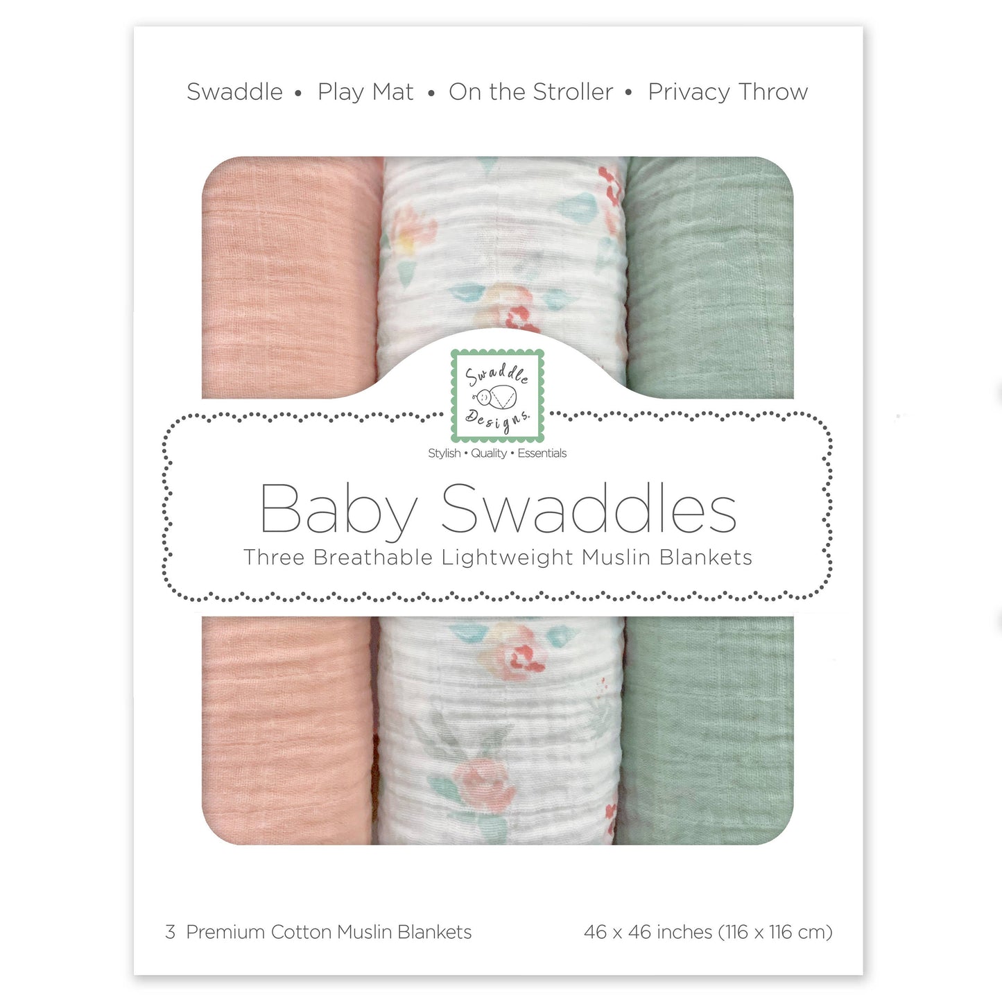 Muslin Swaddles, Set of 3, Watercolor Peachy Pink Floral