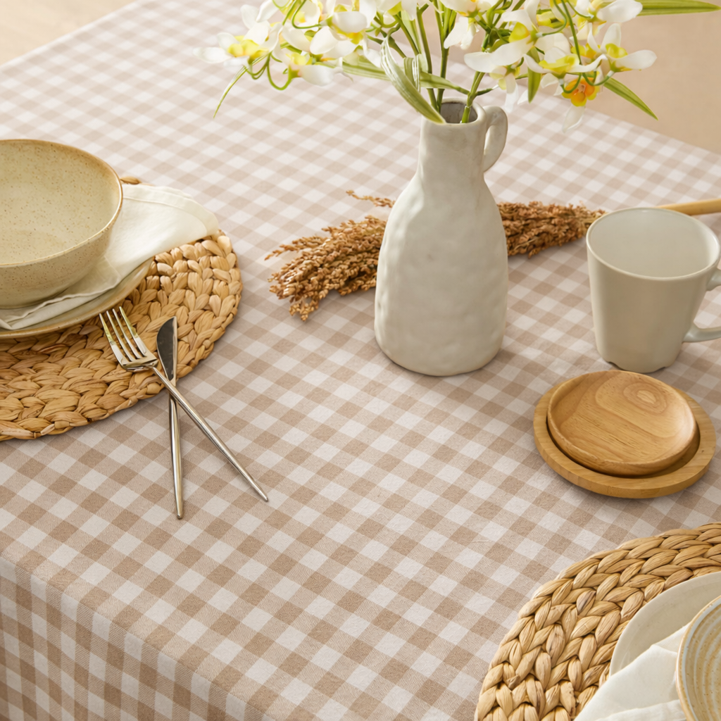 Corcovado Tablecloth (Beige Gingham): 60x102 inch